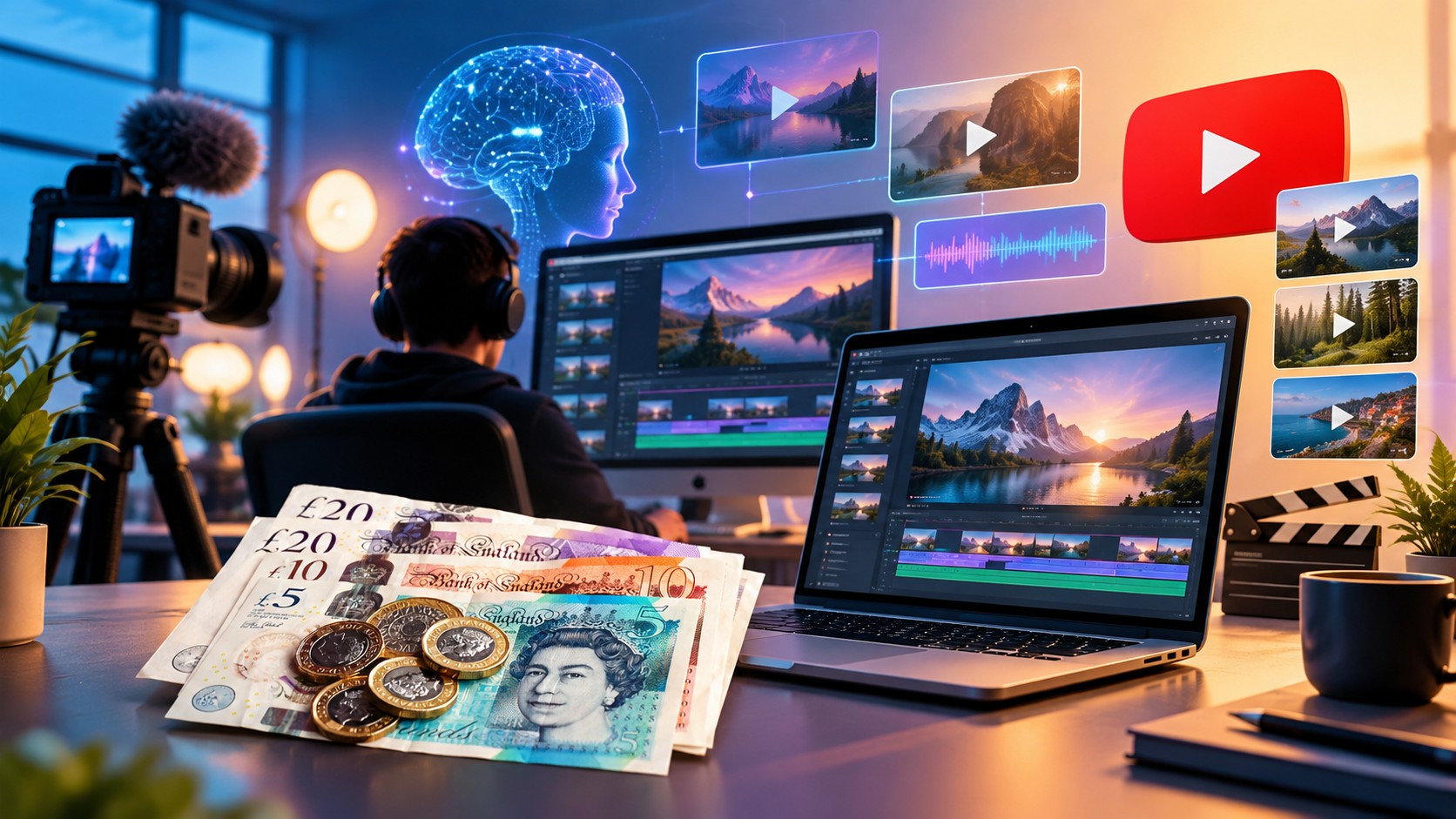 A laptop timeline editing an AI generated video beside a YouTube revenue graph, with labels for ad revenue, affiliate income, sponsorships and client work.